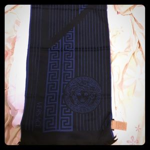 Versace Royal blue black printed wool scarf